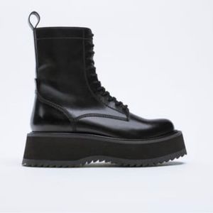Zara Genuine Black Leather Laced Platform Ankle Boot